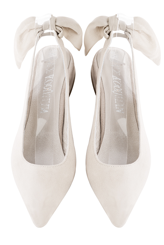 Off white women's slingback shoes. Pointed toe. Flat block heels. Top view - Florence KOOIJMAN